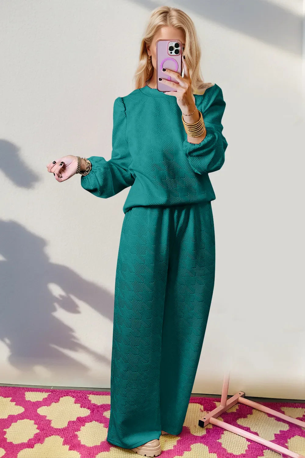 Textured Houndstooth Long Sleeve Top and Wide Leg Pants Set