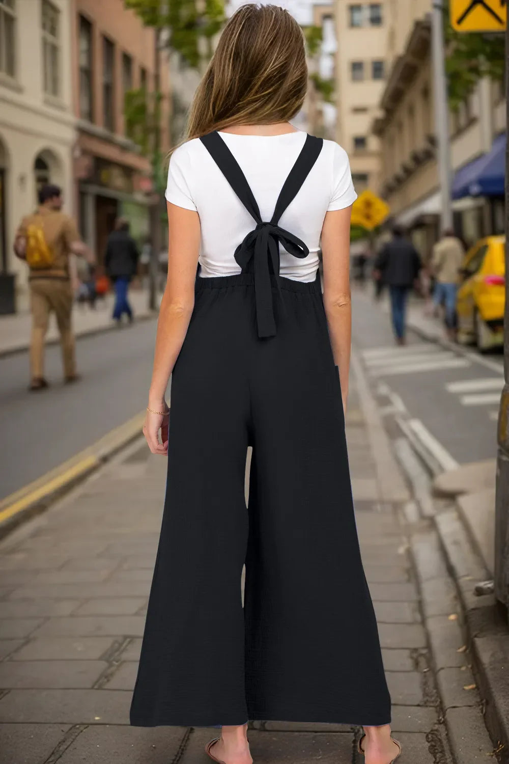 Wide Leg Bow Tie Back Overalls with Pockets