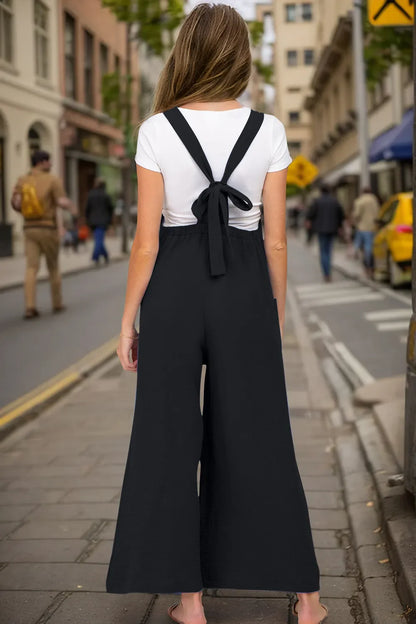 Wide Leg Bow Tie Back Overalls with Pockets