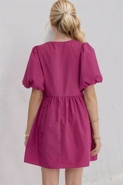 Ruched Puff Sleeve with Bows Mini Dress