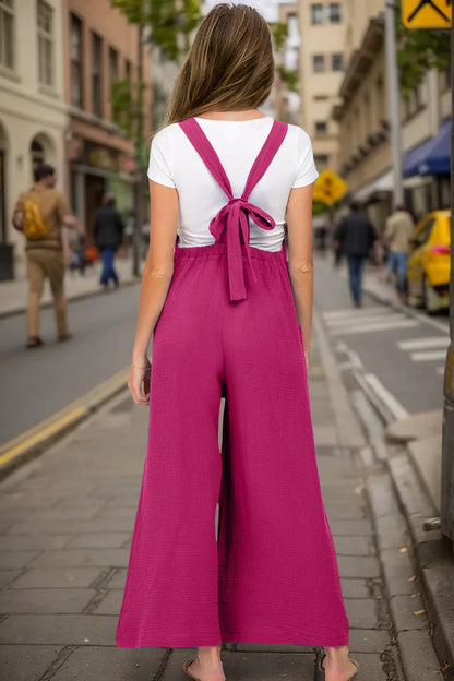 Wide Leg Bow Tie Back Overalls with Pockets