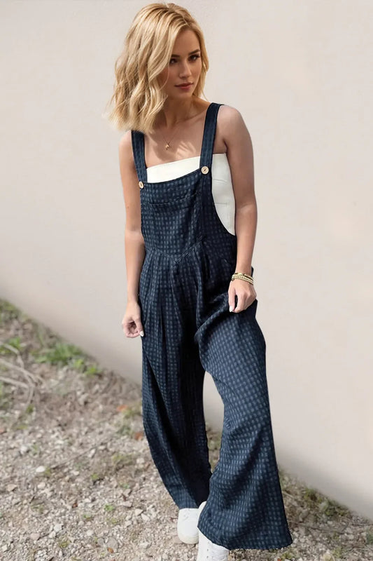 Plaid Wide Leg Overalls with Pockets