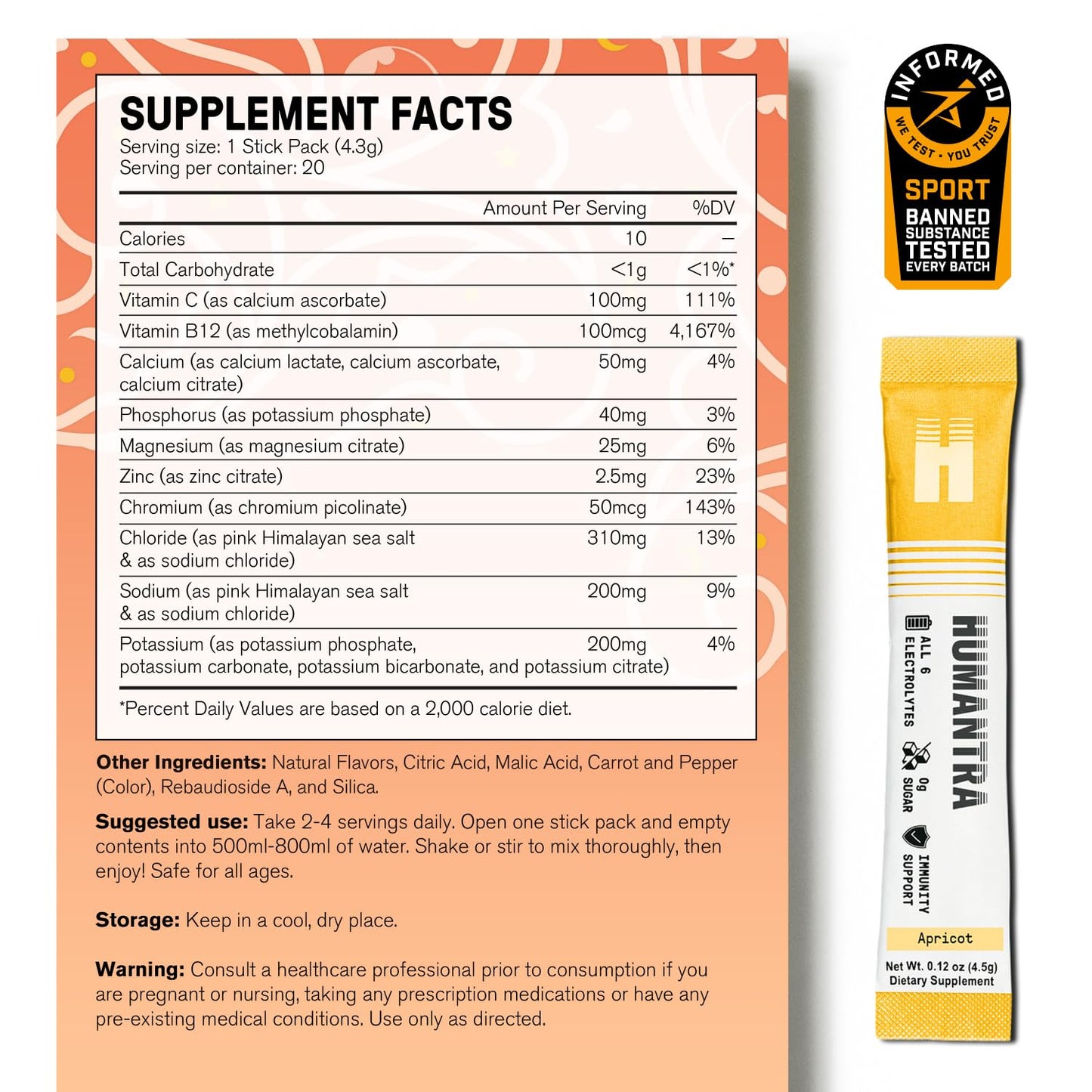 Humantra Hydration Packets | Zero Sugar Electrolyte Hydration Multiplier w/Essential Minerals, Boost Immune & Metabolic Functions | Electrolytes Powder (20 Count, Apricot)