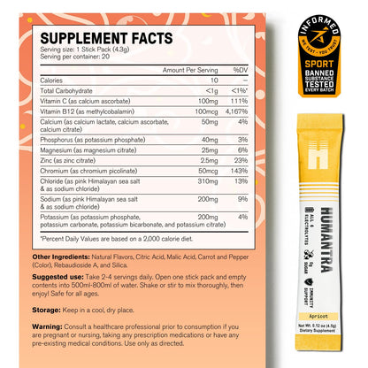 Humantra Hydration Packets | Zero Sugar Electrolyte Hydration Multiplier w/Essential Minerals, Boost Immune & Metabolic Functions | Electrolytes Powder (20 Count, Apricot)