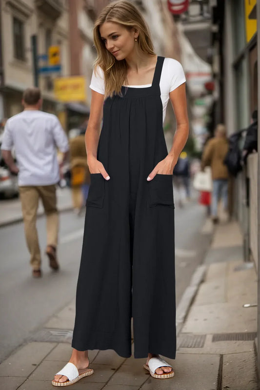 Wide Leg Bow Tie Back Overalls with Pockets