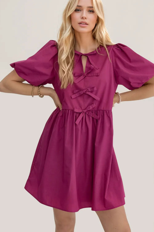 Ruched Puff Sleeve with Bows Mini Dress