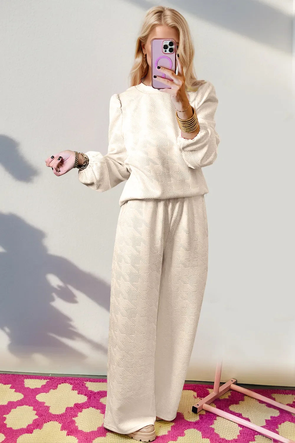 Textured Houndstooth Long Sleeve Top and Wide Leg Pants Set