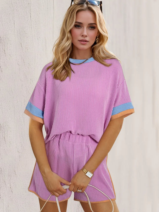 Textured Round Neck Half Sleeve Top and Shorts Set