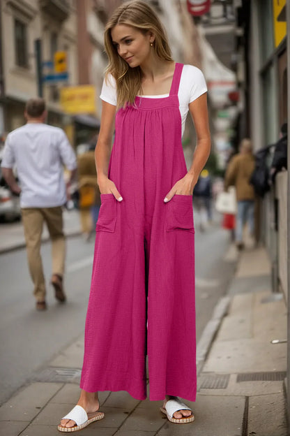 Wide Leg Bow Tie Back Overalls with Pockets