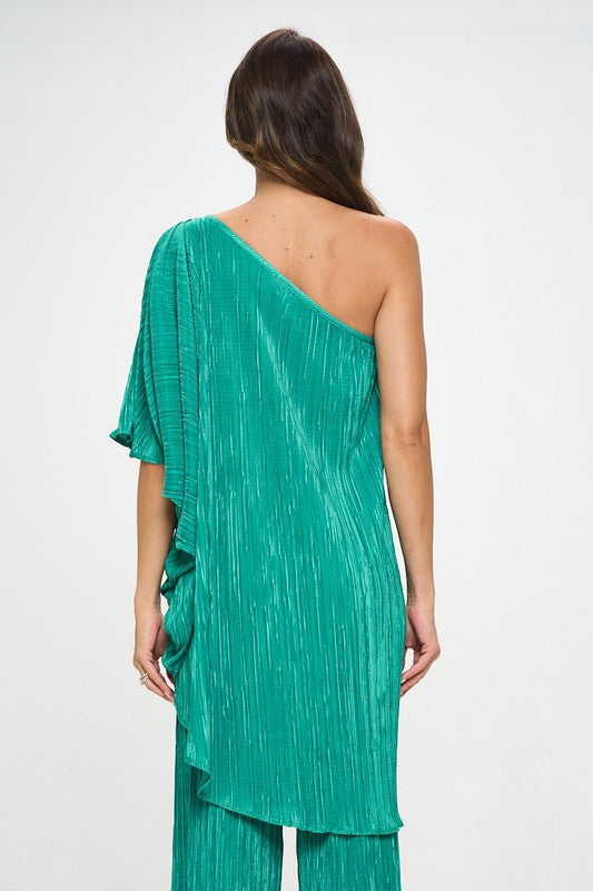 Plisse One Shoulder Draped Tunic Dress