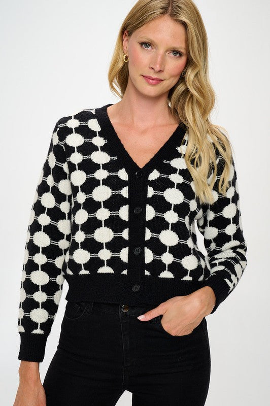 Print Knit Open Front Mini Cardigan with Buttons