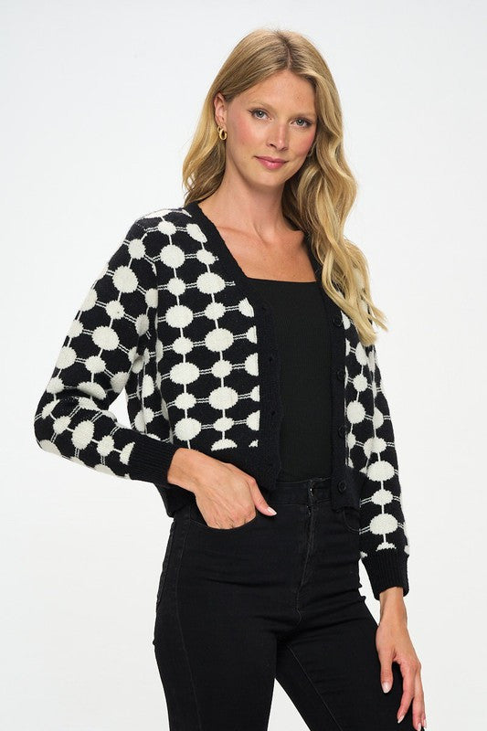 Print Knit Open Front Mini Cardigan with Buttons