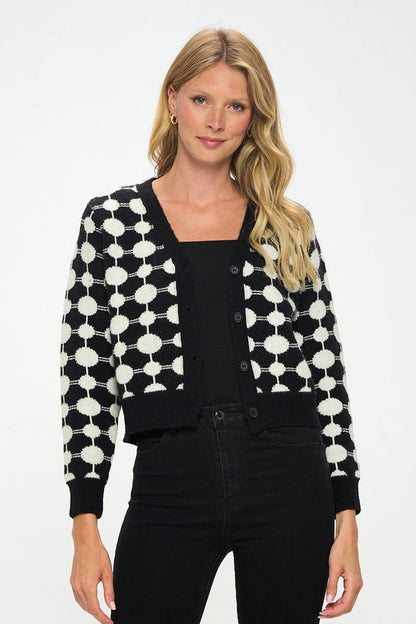 Print Knit Open Front Mini Cardigan with Buttons
